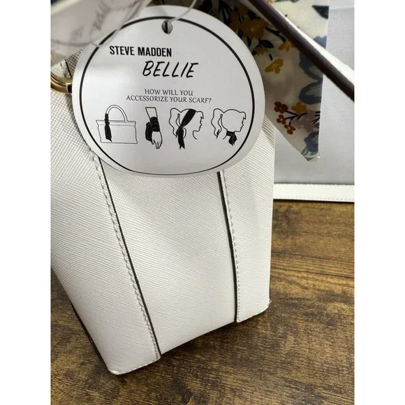 STEVE MADDEN Bellie Bucket White Shoulder Bag/Purse Detachable Strap Scarf - Picture 16 of 16